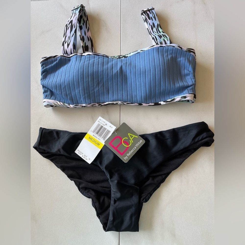 Nwt BECCA blue printed top black ruched bottom bikini set